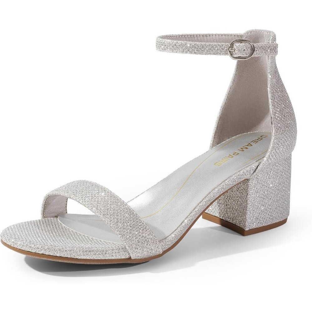 Dream Pairs Women's Silver/Glitter Chunky Block Heel Ankle Strap Sandals